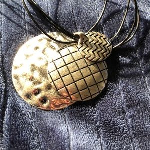 Geometric Large Silver Circle Shield Necklace black‎ Cord